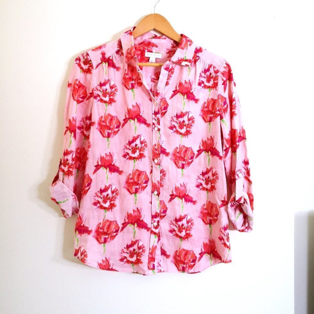 New Charter Club 100% Linen Button Up Roll Tab Sleeve Floral Shirt Size S